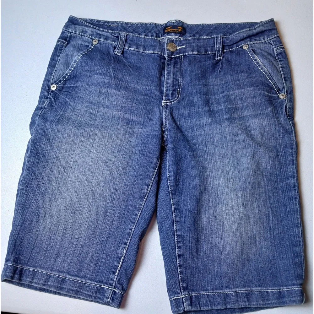 Y2K Seven7 Luxe Women Plus Size 18 Bermuda Denim Shorts Medium Wash Blue Stretch